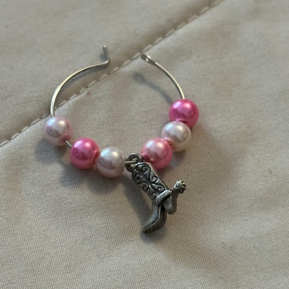 3/$15 Wine glass tag, stainless steel hoop, pink/white beads, cowboy boot charm - Picture 4 of 14